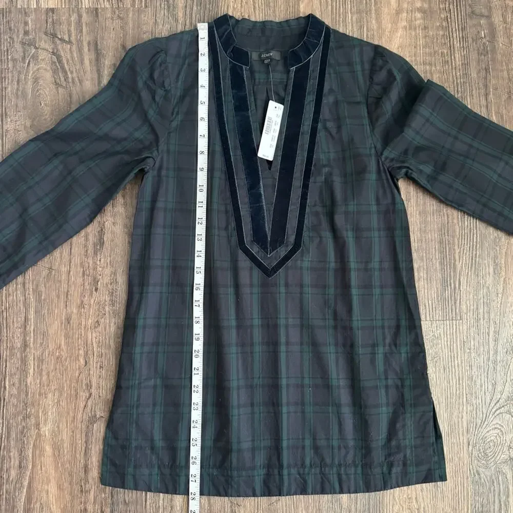 J.Crew Velvet Trimmed V-Neck Tunic in Black Watch Tartan Print Size XXS